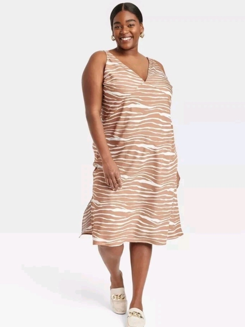 Sleeveless V-Neck Zebra Print Swim Cover-Up Dress in Tan/White